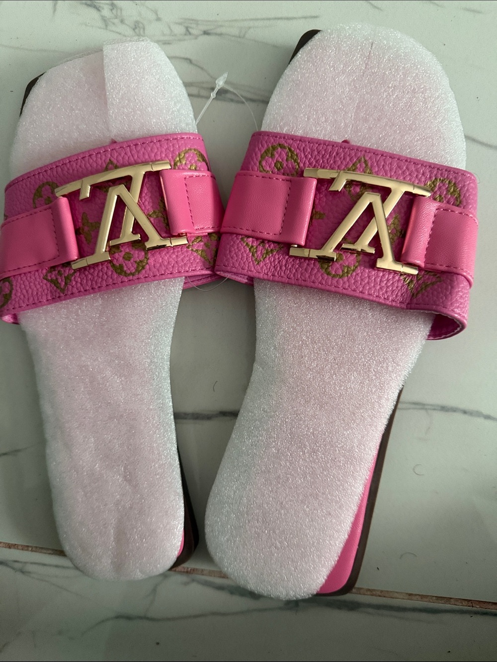 Pink Designer-Inspired Slide Sandals with Gold Logo Accent